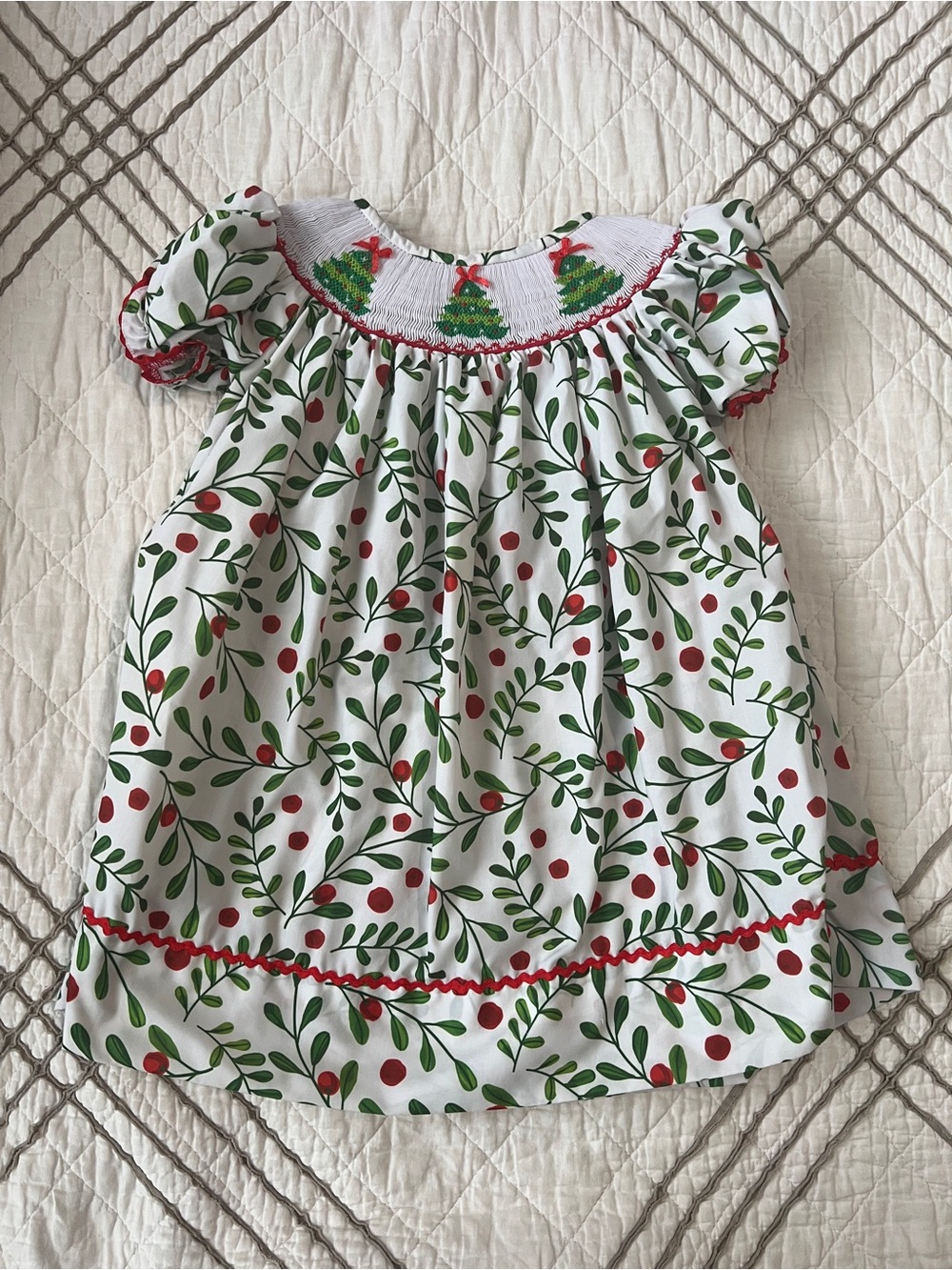 Holiday Smocked White Dress with Green and Red Print